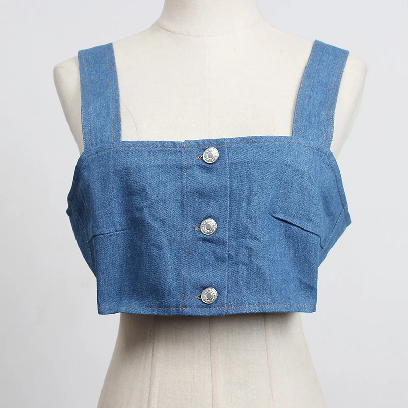 

SeeBeautiful Short Denim Vest Single Breasted Double Strap Simple New Fashion Tide Spring 2021 Women M001