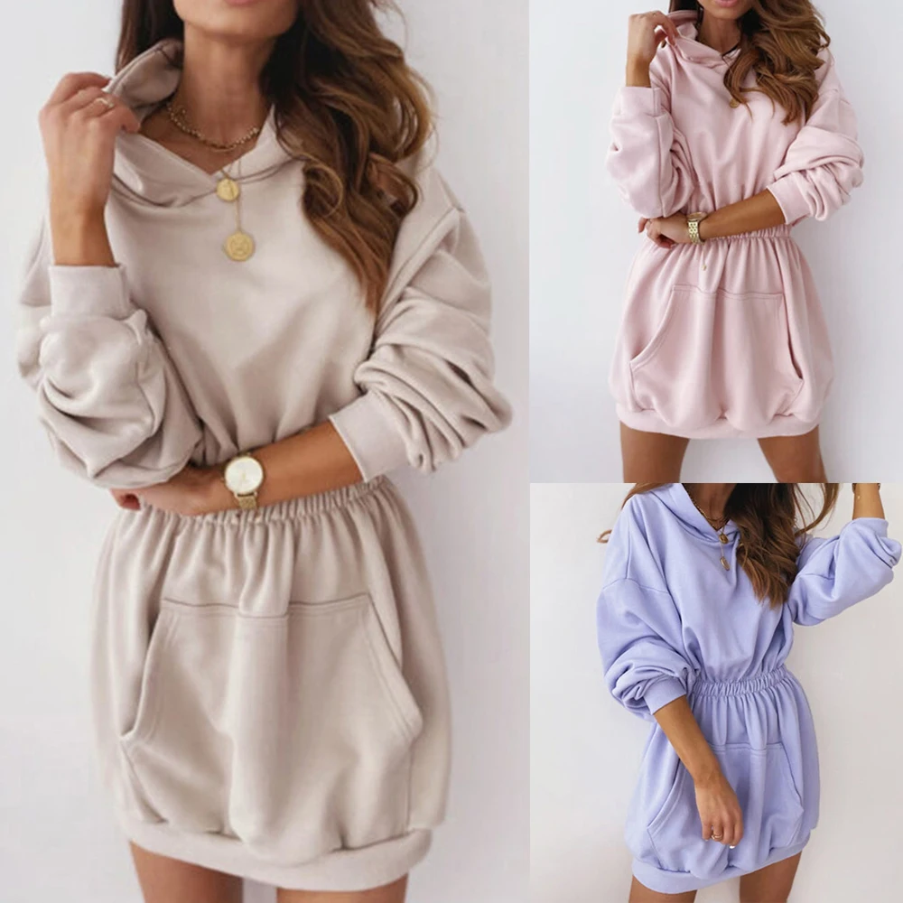 Осень 2020 женское платье однотонное свободное мини-платье с круглым вырезом