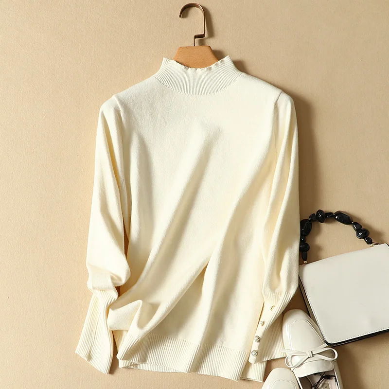 Женский трикотажный пуловер однотонный с высоким воротником 2021 | Женская одежда