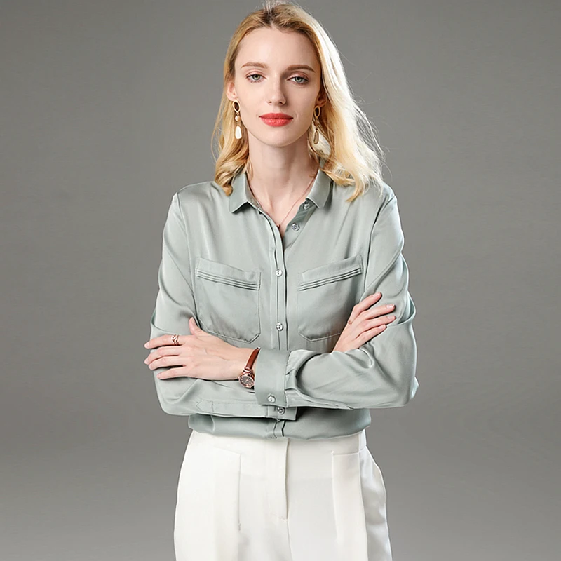 100% Silk Blouse Women Shirt Solid Turn Down Collar Long Sleeve 2 Colors Simple Design Office Work Top Elegant Style New Fashion