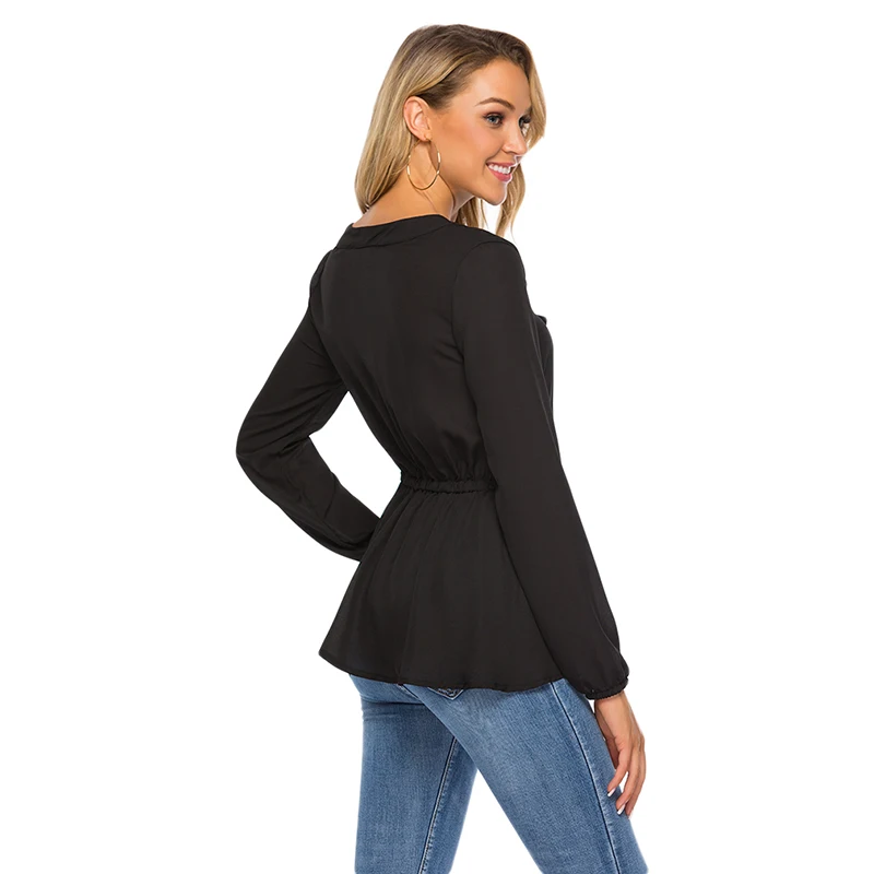 

Women Lace Up Ruffles Women Blouse V-Neck Vintage Blusa 2020 Spring Summer Solid Slim Fashion Tops Lady