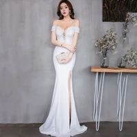 off shoulder long prom style bridesmaid formal evening dress elegant party banquet dress sleeveless sexy gown silk high split