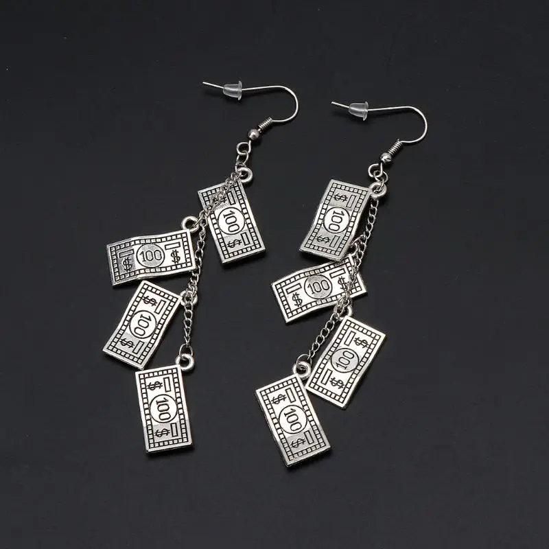 Античные серебряные 100 долларов купюр деньги узор валюты Висячие серьги для