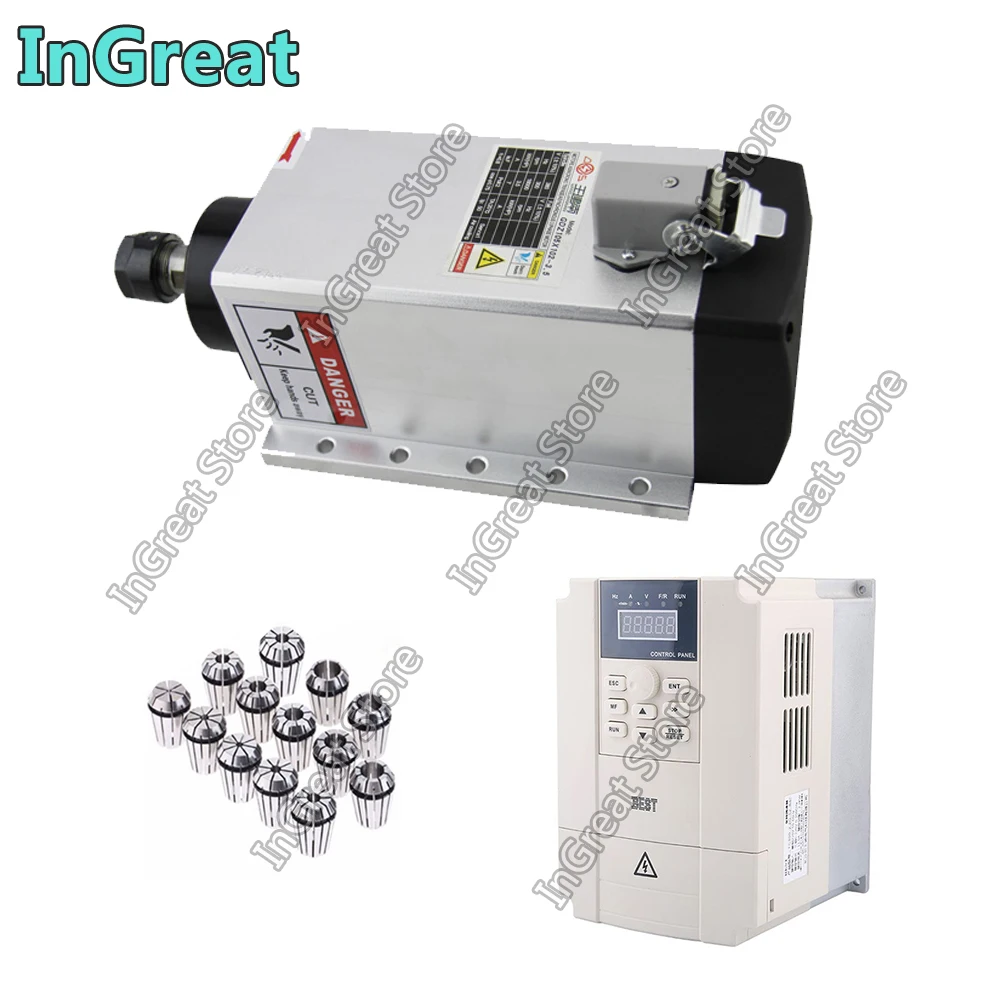 3.5KW 220V 18000RPM ER20 AC Spindle Motor Air Cooled Kit Fan Mounting Bracket Flange & Spindle Inverter & ER20 Collet