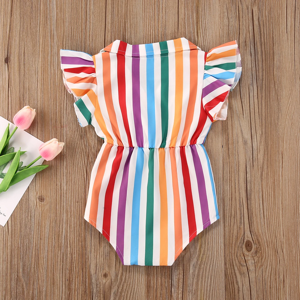 

Baby Girls Clothes Rainbow Striped Print Ruffles Short Sleeve Sweet Jumpsuits