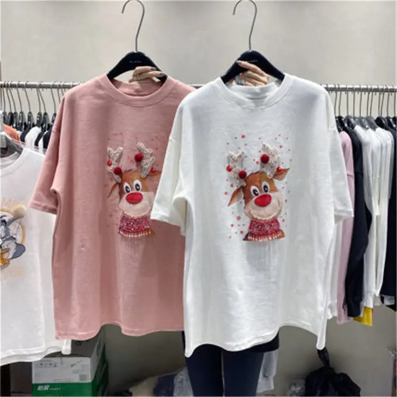 

Новинка весна-лето 2021, футболка в тяжелой отрасли с бусинами и рождественским оленем, футболка свободного покроя с короткими рукавами и нач...