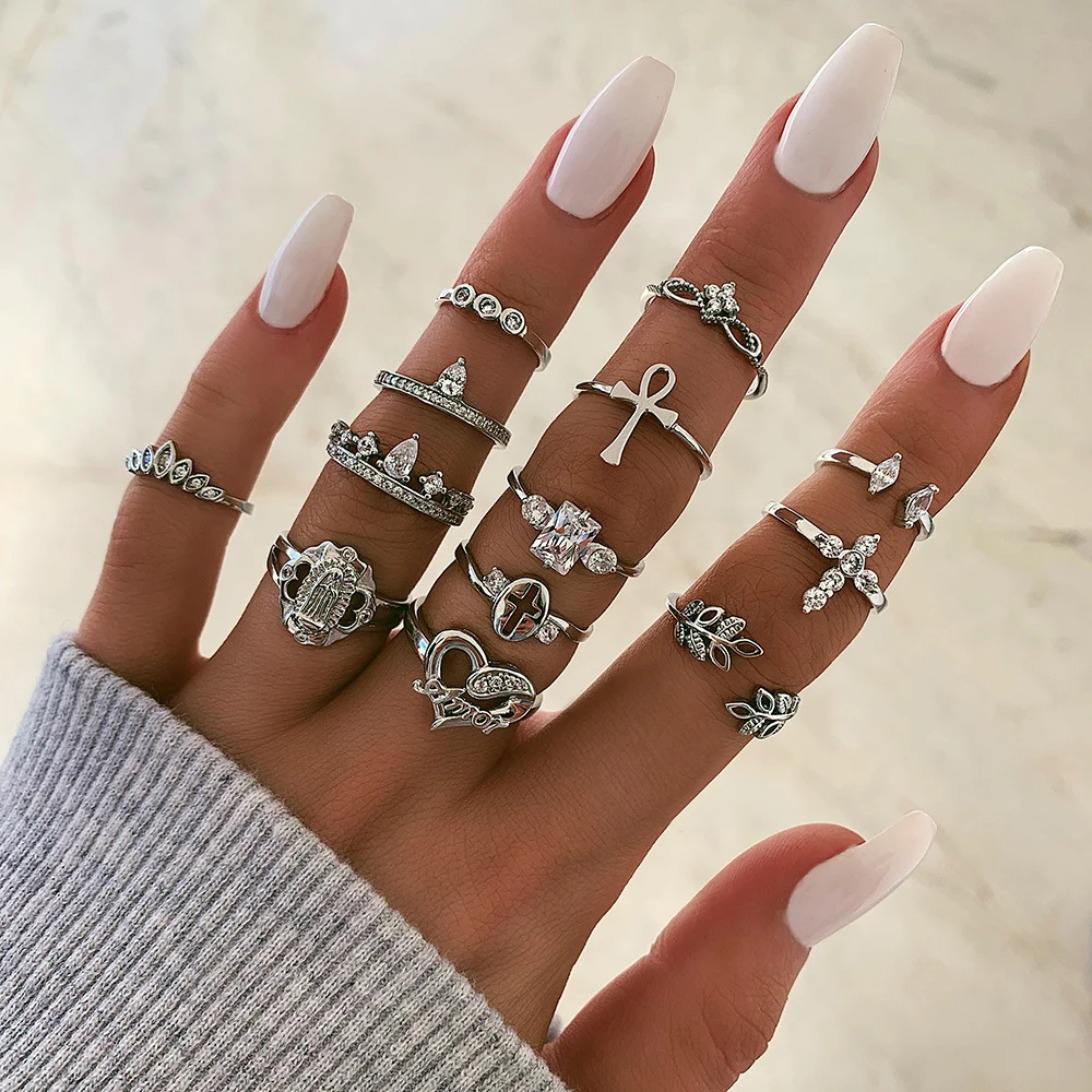 

HuaTang Vintage Crystal Cross Heart Rings Set for Women Silver Color Geometric Knuckle Finger Rings Female 2020 Jewelry Anillos
