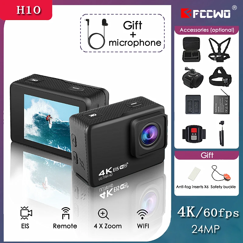 Экшн камера FCCWO H10 4K 60 кадров/с 24 МП 2 0 дюйма ЖК дисплей|Экшн-камеры| |