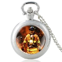 hero fireman design glass cabochon quartz vintage pocket watch men women fire fighting pendant charm necklace chain hours clock