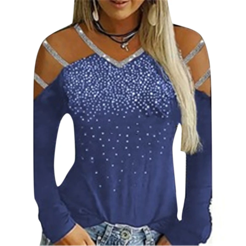 

Women Fashion Off Shoulder Top Neck Hollow-out Studded Long Sleeve Casual Tops Autumn And Winter Harajuku Women's Blouse