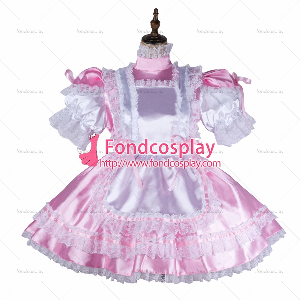 fondcosplay adult sexy cross dressing sissy maid baby pink satin dress lockable Uniform white apron costume Tailor-made[G2145] |