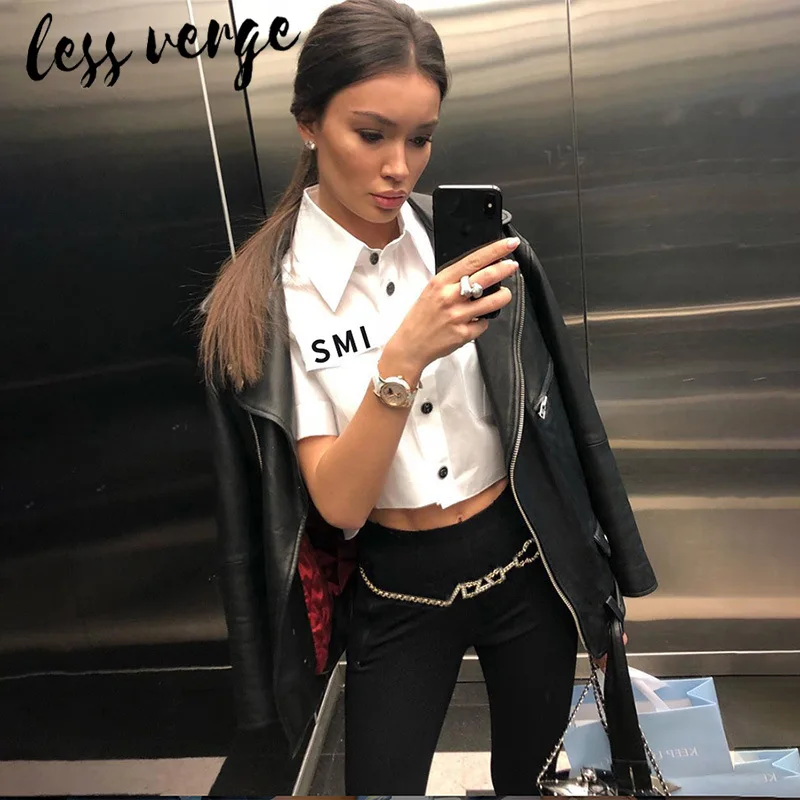 Lessverge/Повседневная белая блузка с коротким рукавом и буквенным принтом женская
