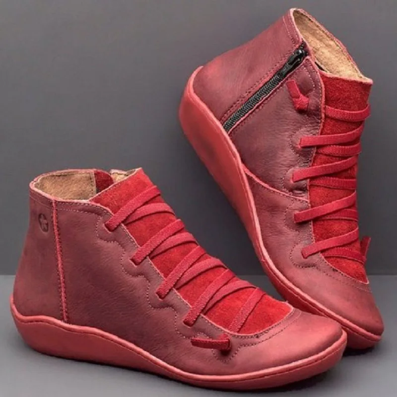 

My-Love PU Leather Ankle Boots for Women Autumn Winter Cross Strips Vintage Women Punk Boots Shoes Ladies Flat Women Boots