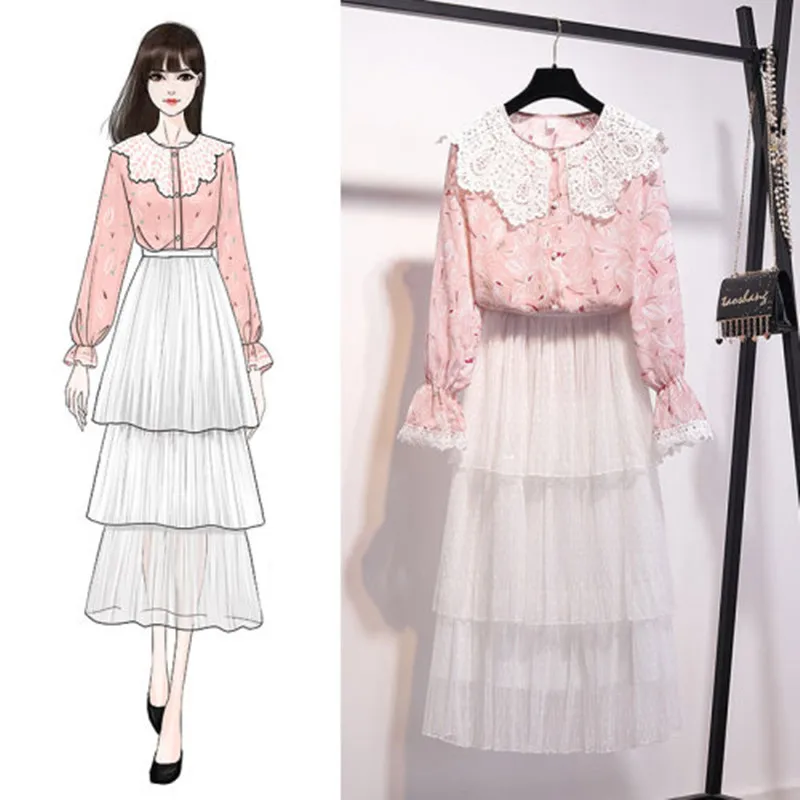 Новинка 2020 весна осень женский милый комплект из 2 предметов кружевная шифоновая