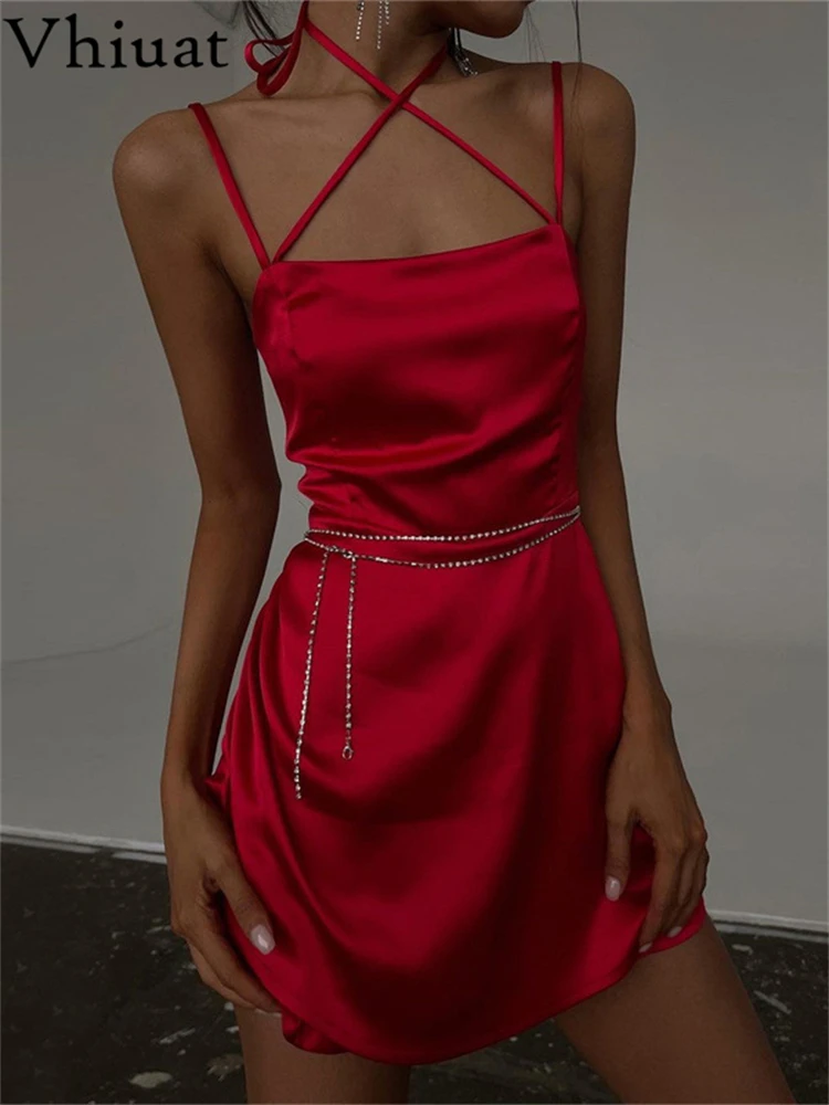 

Женское атласное короткое платье Vhiuat, черное элегантное облегающее мини-платье на бретелях-спагетти, повседневное летнее платье, 2022