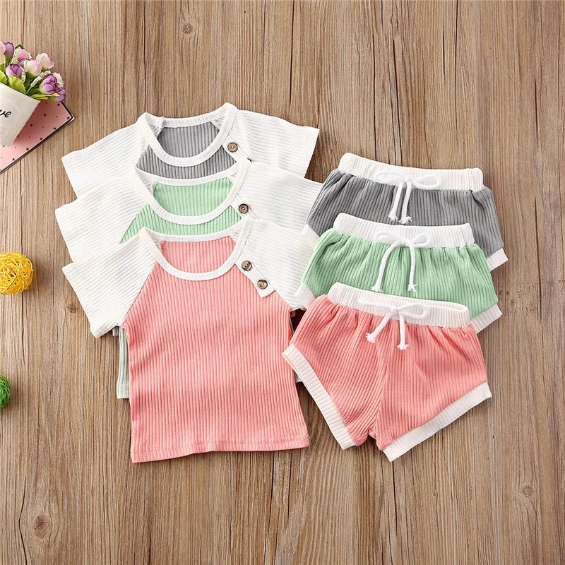 

Summer Kids Baby Girl Boy Cotton Clothes Set Button Patchwork Short Sleeve T-shirt + Shorts For Children 2pcs Clothing Outfits