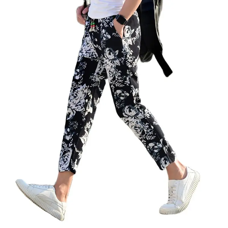 Летние мужские штаны с цветочным принтом на шнуровке длиной до щиколотки размеры