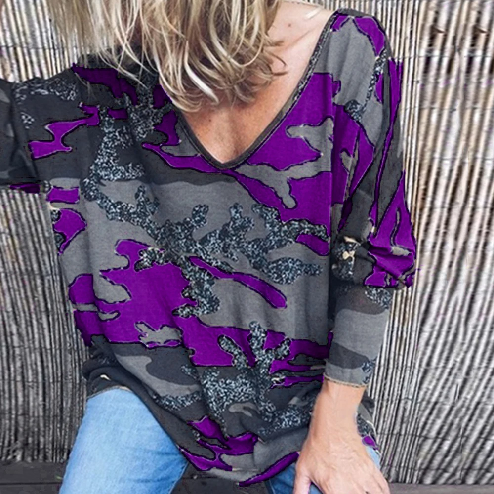 2019 Женская Осенняя фиолетовая футболка с принтом и длинным рукавом женские