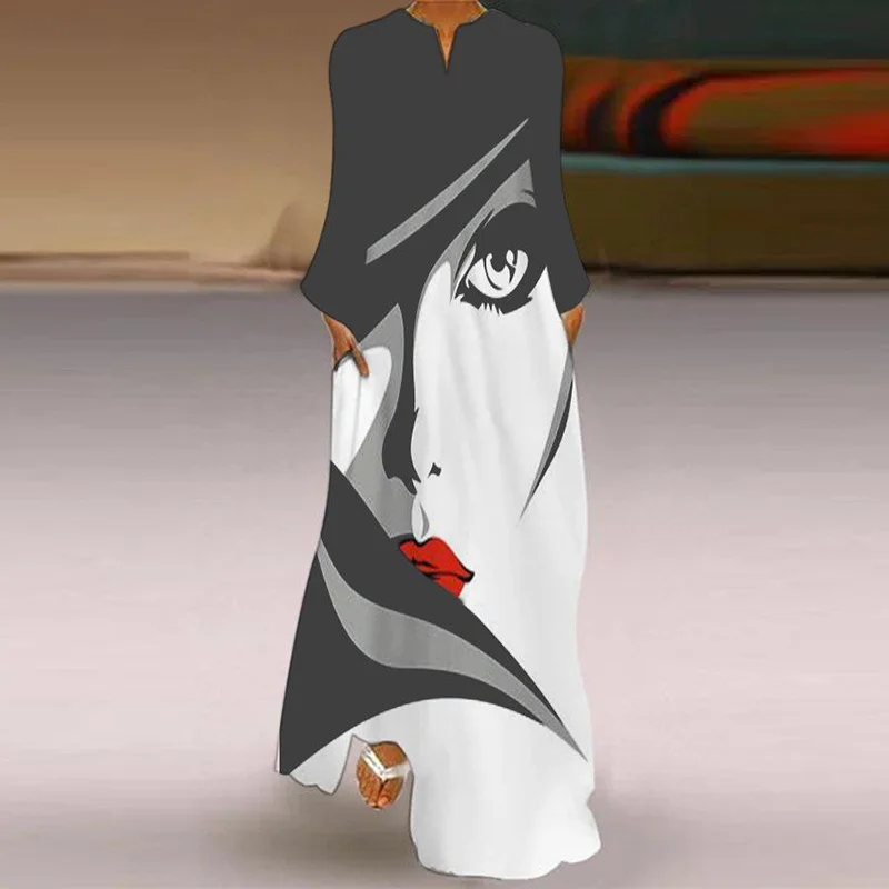 

Women Elegant V-Neck Long Sleeve Maxi Party Dress Spring Summer Sexy Vintage Human Face Abstract Print Female Casual Loose Dress