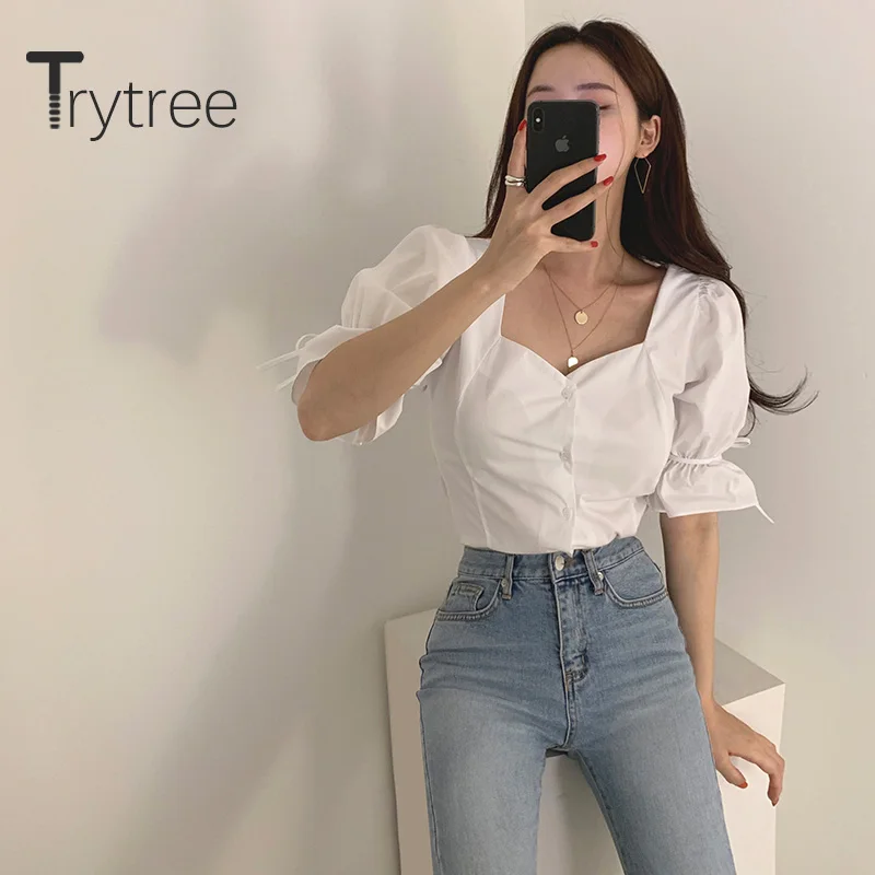 Trytree Женская Повседневная Блузка с квадратным воротником однобортная однотонная