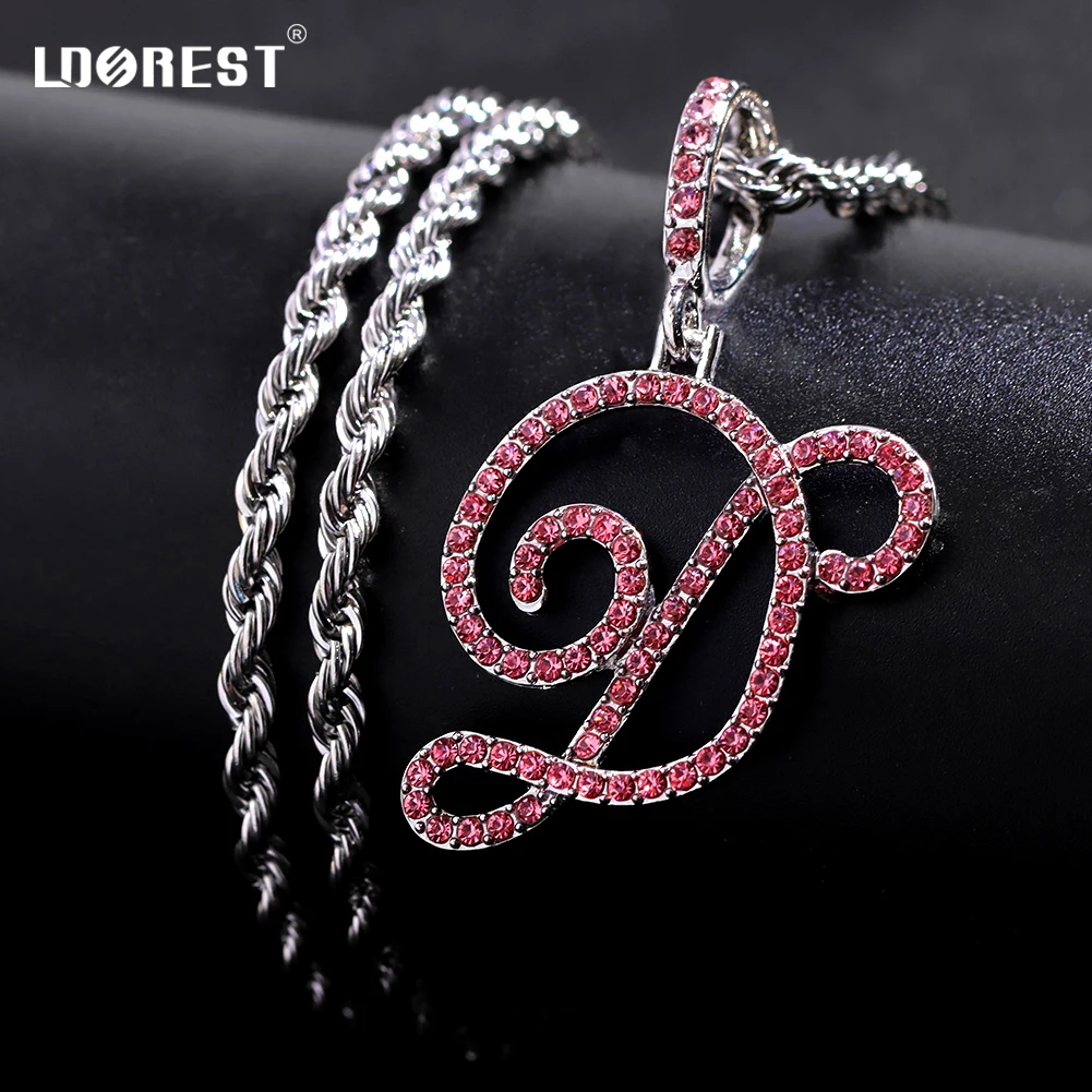 

Men Women Stainless Steel Chain Necklace Shiny Crystal Cursive Letters Pendant Twist Rope Chain Necklaces Jewelry Drop Shipping