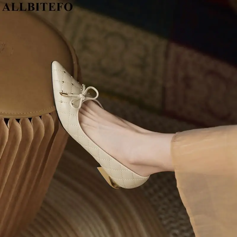 

ALLBITEFO Size 34-42 Rivets Butterfly-knot Fashion Sheepskin Genuine Leather Women Heels Party Wedding Shoes High Heel Shoes