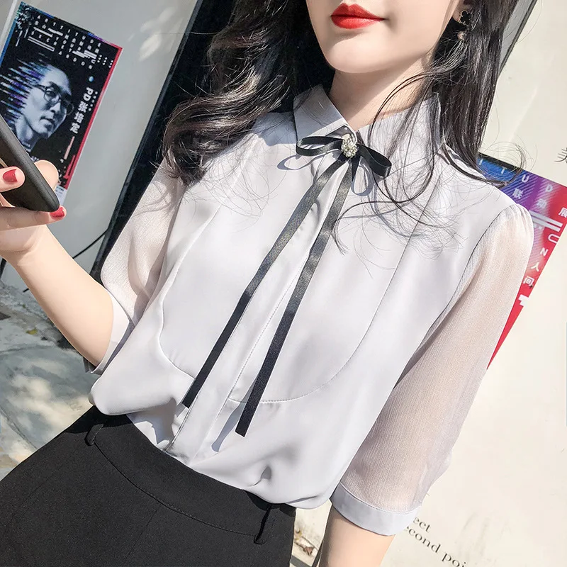

Short-sleeved with Tie Pure Color Summer Chiffon Ladies Shirt Summer Tops Women's 2021 New Style French Blouse Design Shirt