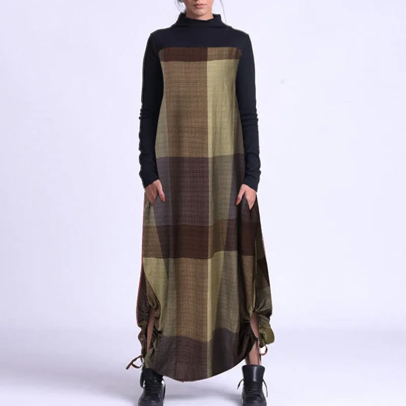 

2021 Spring Vintage Cotton Linen Loose Dress Women Elegant Half Turtleneck Long Sleeve Party Dresses Female Casual Long Dresses