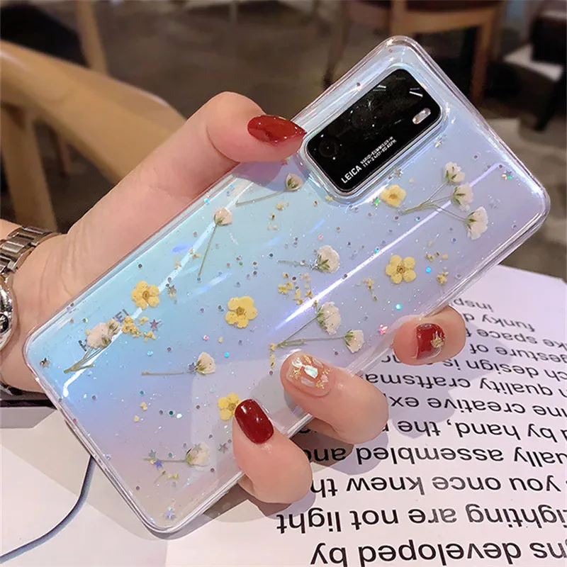 

Transparent Glitter Star Dried Flower Phone Case For Samsung Galaxy A71 A51 5G A01 A11 A21 s A31 A41 A81 Note 10 Lite Cover