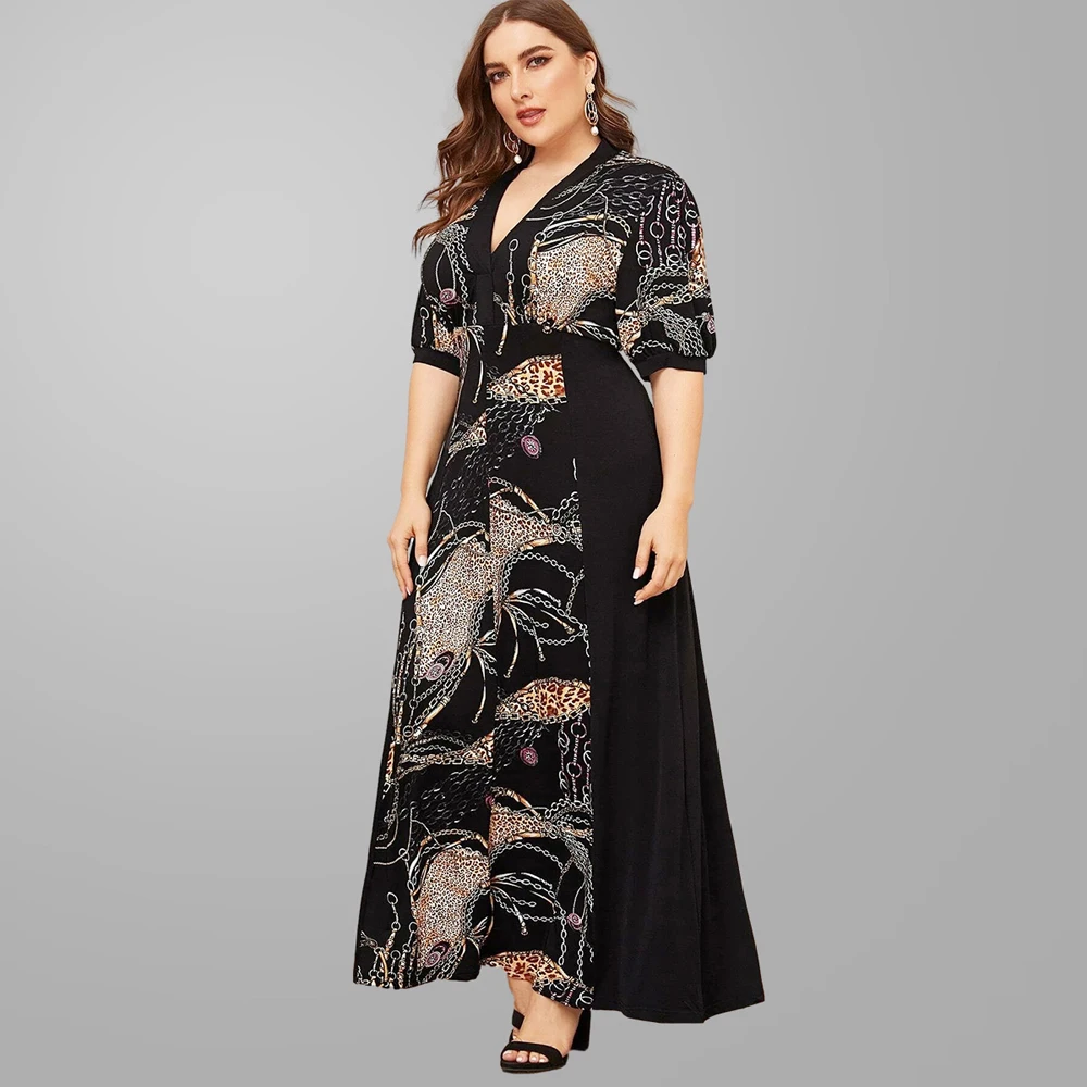 Summer Printed Bohemian Long Dress Abaya Muslim Casual Loose Plus Size Maxi Arab Jilbab V-neck Short Sleeve Robe Islamic Vestido