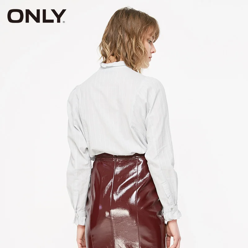 ONLY spring Women's Loose Fit 100% Cotton Ruffled Long-sleeved Shirt | 119105506