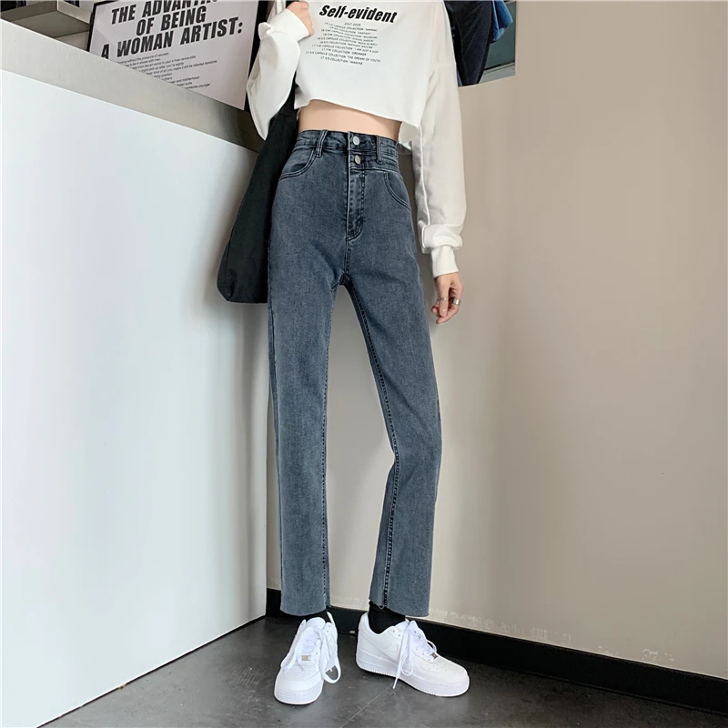 

YTX154 2021 new loose high waist straight leg pants slim cropped jeans women