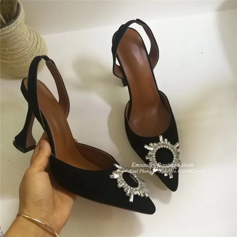 Luxury Satin Cup Heel Sandalias Mujer Sexy Back Strap Pointed Toe Crystal Buckle Individual High Heel Summer Sandals Women