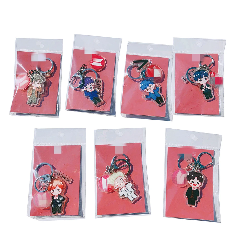 

Wholesale Kpop 3pcs/set Bangtan Boys Cartoon Q Cute Plastic Transparent Acrylic Keychain Key Chain Accessories Cute Key Ring