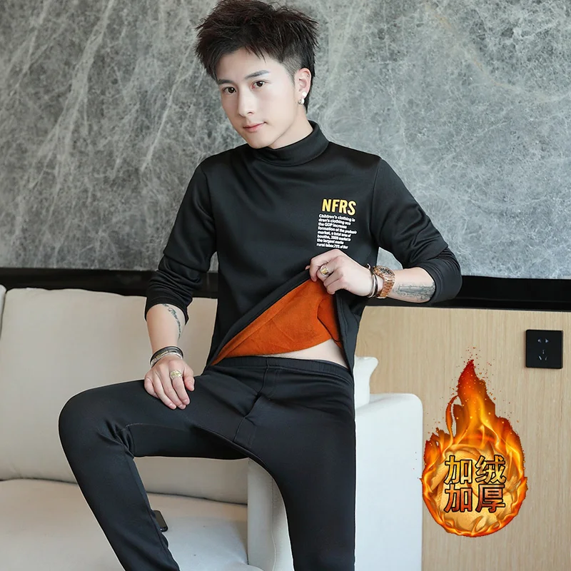 

Men's thermal underwear set with velvet thickening trend top and pants a set of young students winter bottoming