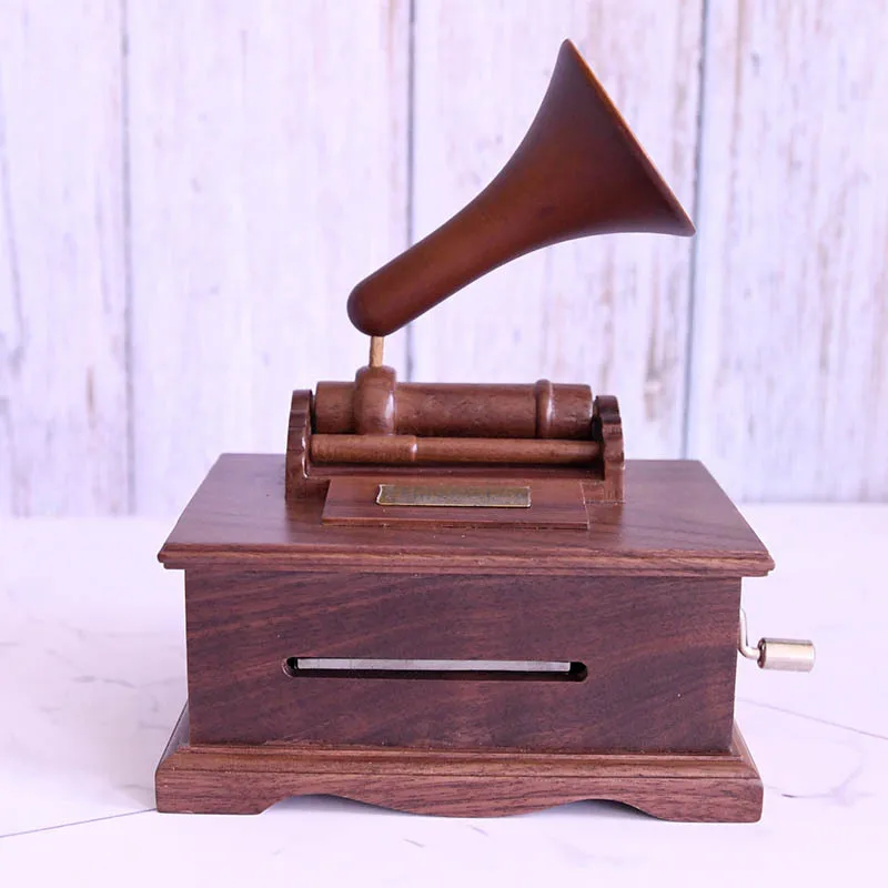 

DIY hand shake rhyme rise eight tone box vintage mechanical walnut paper tape music box phonograph wooden crafts