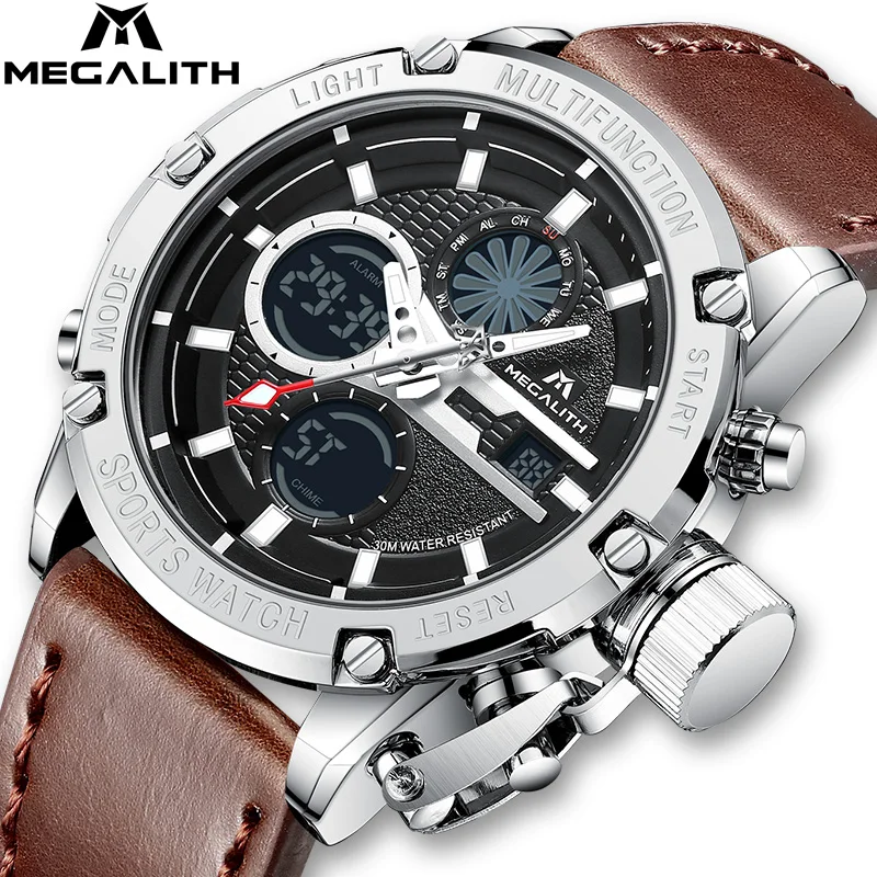 

MEGALITH Sports Waterproof Watches Men Top Fashion Multifunction Leather Strap Quartz Wrist Watch for Man Relogio Masculino 8236