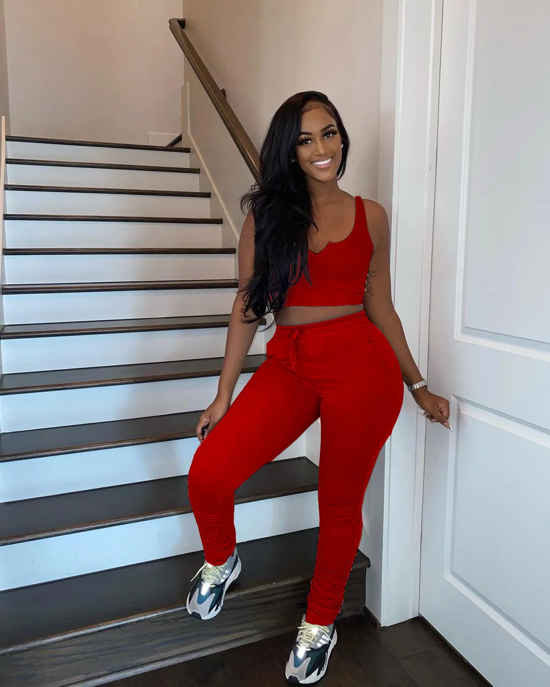 

Summer Ladies Solid Color Sexy Casual Vest Folds Loose Slim Body Shaping Sports Pants Two-Piece Suit
