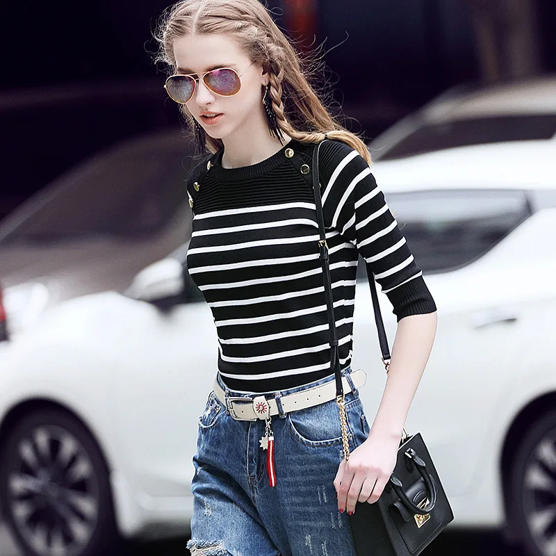 

0.3 Women Pullover Sweater Spring Autumn Half Sleeve Pullovers Button Decorate Striped Knitted Sweaters Female Tops