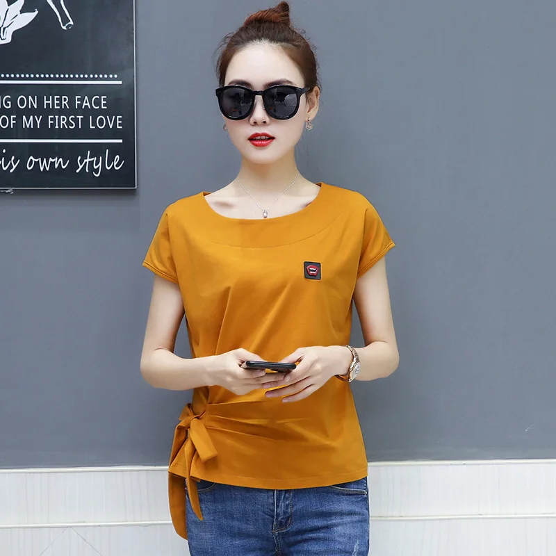 

New 2021 Casual Bow Tshirts Women Summer O Neck Lady Tops Solid Color 100% Cotton Slim Female Tees Free Drop Shipping