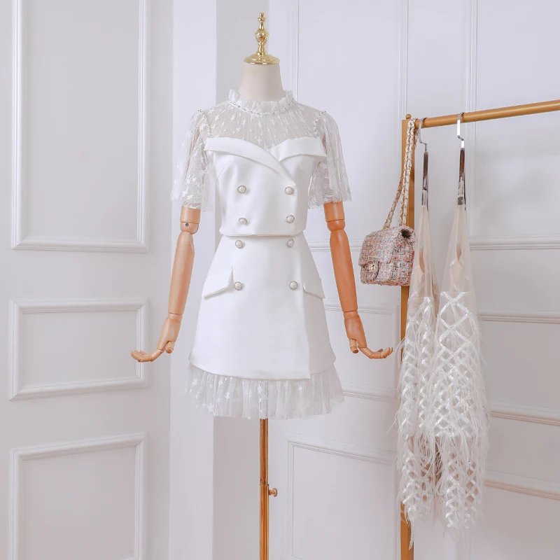 Женский костюм из двух предметов кружевной топ со звездами и бисером + юбка с