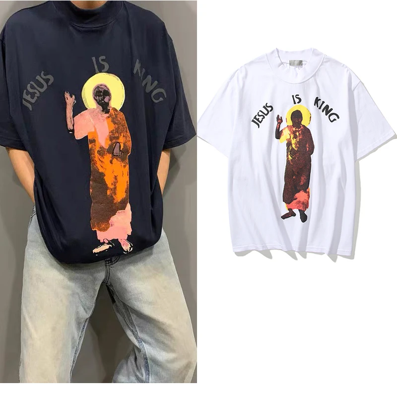 

Kanye West Jesus Is King Letter Foam Loose Tshirts Mens Turtleneck Cotton Casual Oversize T-shirt Short Sleeve Baggy Tees