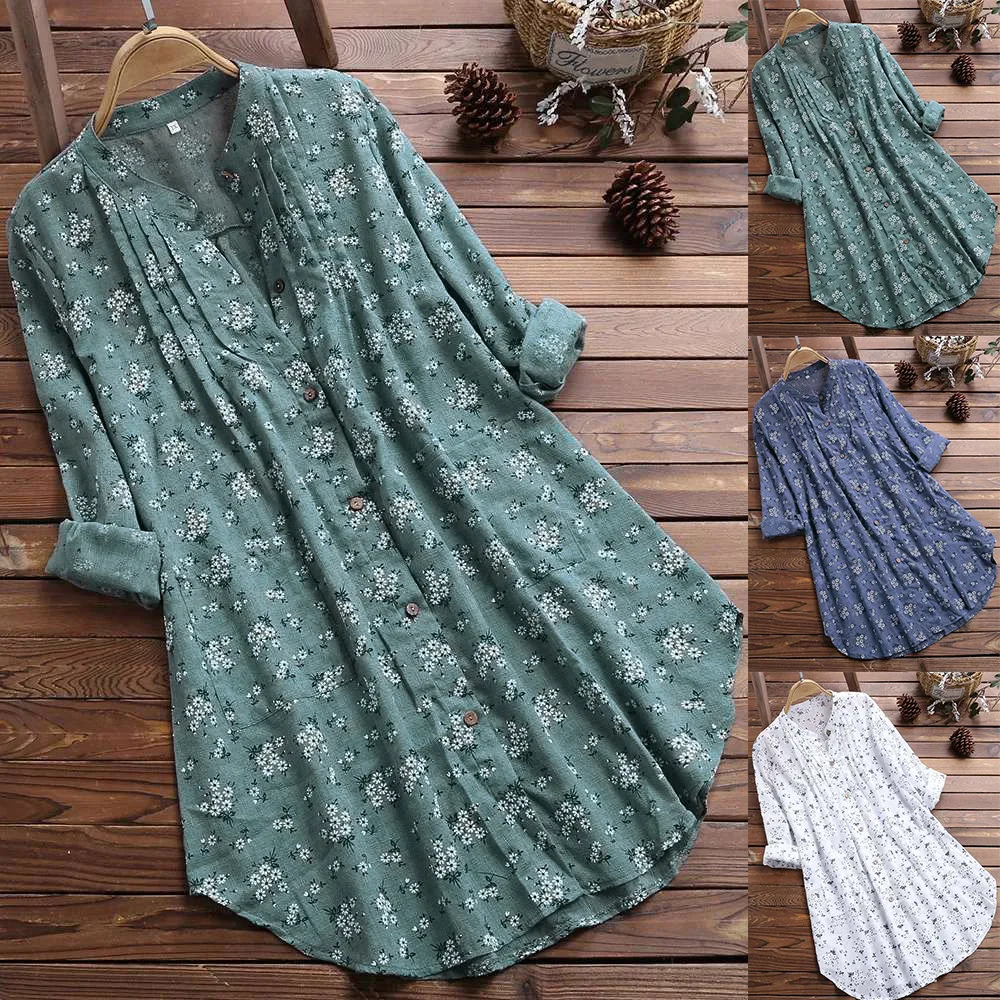 

Women Elegant Robe Dress Casual V-Neck Long Sleeve Vintage Floral Print Dress Maxi Cotton Linen Vestidos M-5XL Button Sundress