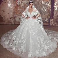 2020 modern lace flowers wedding dresses plus size bridal dress sheer neck pearls beaded arabic bride gowns
