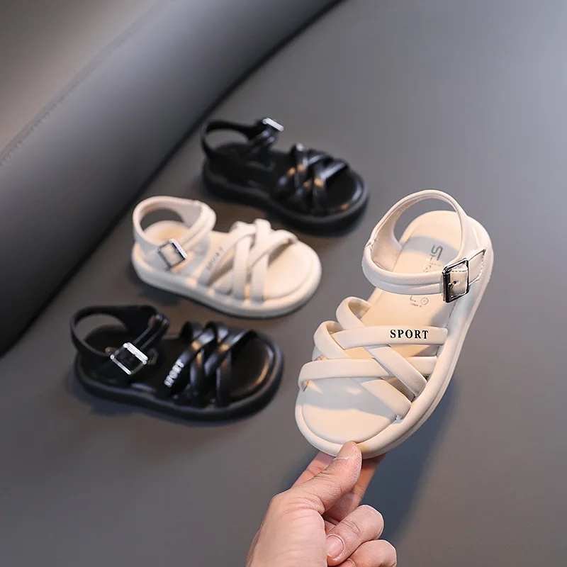 

New Children Shoes Fashion Flat Girls Student Sandals Roman Shoes Princess Black Beige Casual Beach Baby Kids Soft Bottom 041