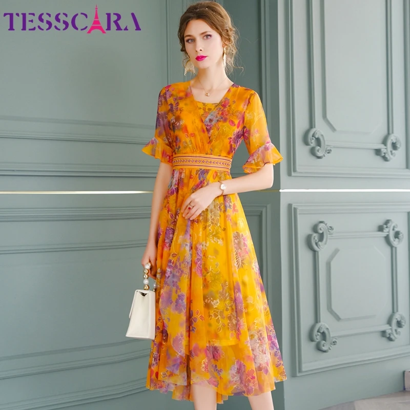 Женское летнее элегантное Сетчатое платье TESSCARA высококачественное вечернее с V