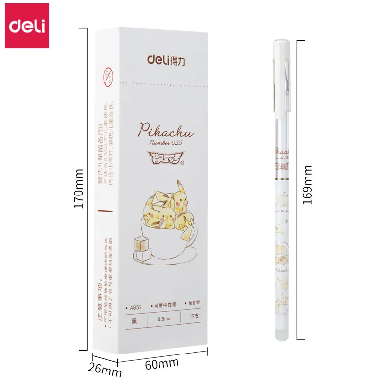 Гелевая ручка Deli Pokemon Erasable Gel Pen 12 шт. Милые пикачу детские чернила ручки для учащихся, подарок для девочек, школьные канцелярские принадлежности оптом.