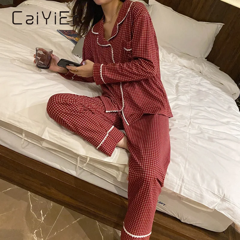 

CAIYIER Spring/Autumn Girl Cotton Pajama Set Korean Plaid Striped Polka Dot Pyjamas Leopard Print Ms Long Sleeve Trousers Nighty