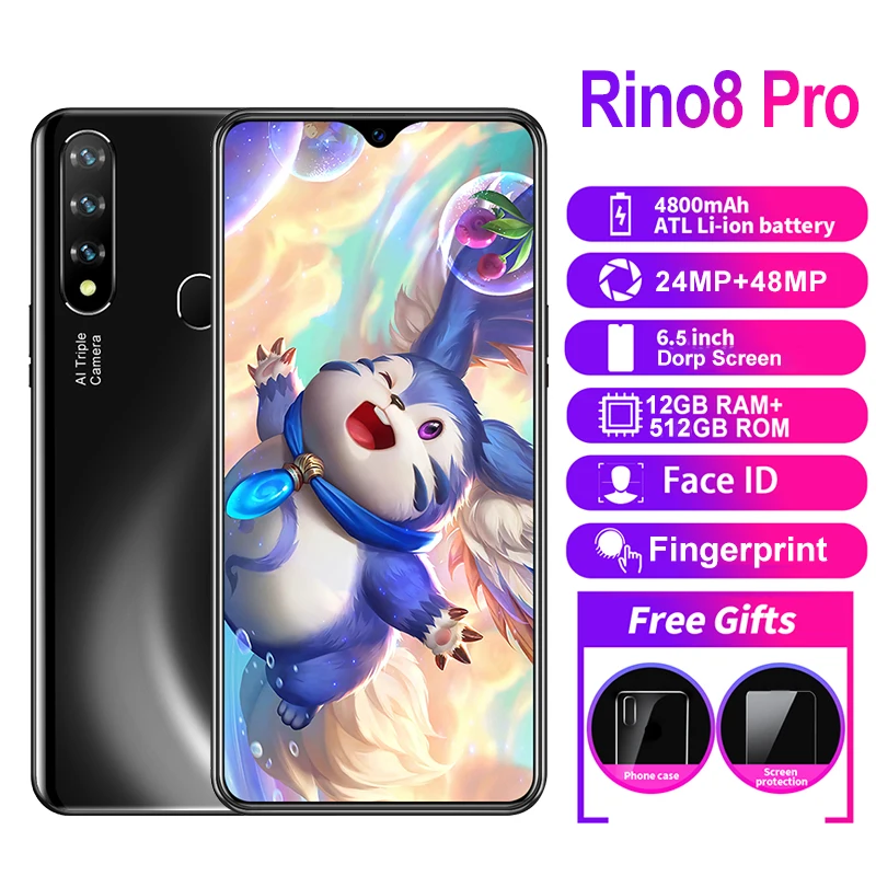 

2021 New Rino 8 cellphone 12GB+512GB Memory 6.5 Inch Full Screen Android 10.0 24MP+48MP Smartphone Battery 4800mAH