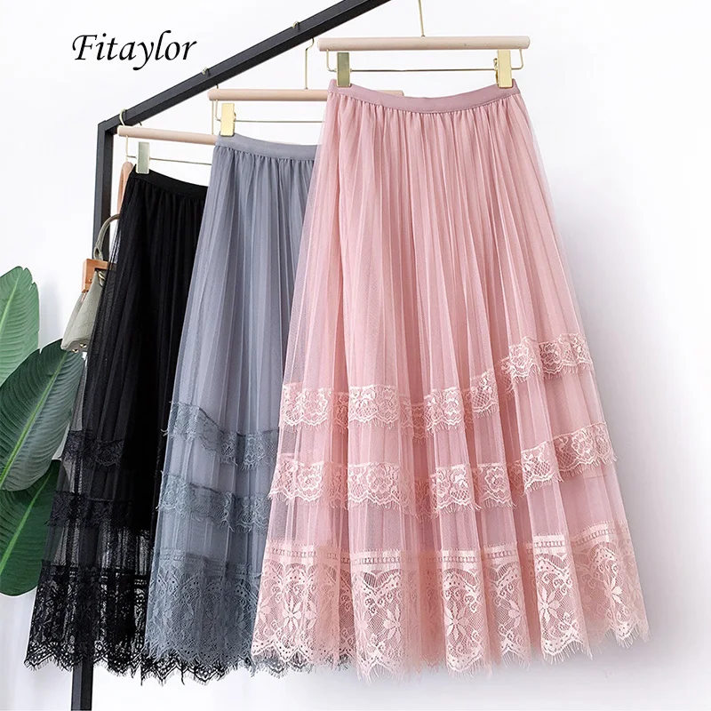 Женская плиссированная юбка Fitaylor длинные юбки из тюлевой ткани с высокой талией